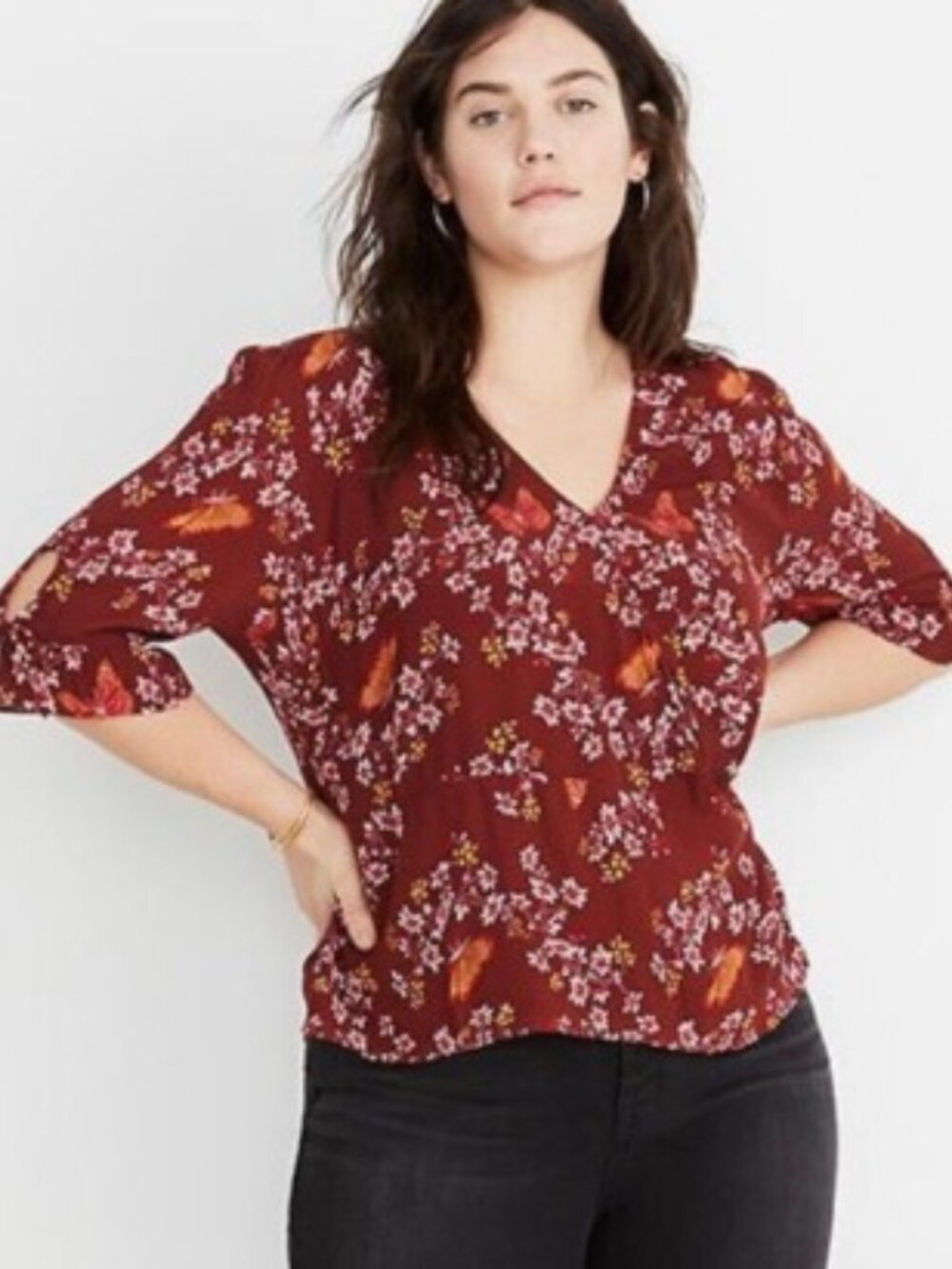 Madewell Brand Women's size 6 Butterfly Sanctuary Print Tie Sleeve Wrap Top